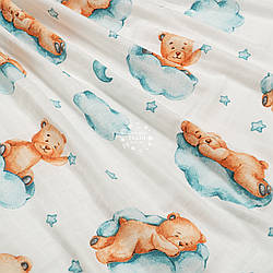 Муслін у квадратики "Ведмедик на бірюзовій хмаринці", ширина 160 см
