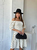Короткое муслиновое платье с верхом резинкой открытыми плечами и расклешенной юбкой (р. 42-52) 2035714