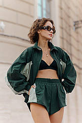 Жіночий повсякденний костюм-двійка Скай у спортивному стилі кофта та шорти тканина плащівка жатка колір зелений