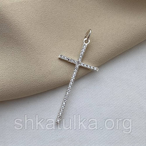 Хрестик срібний з білими круглими фіанітами декоративний