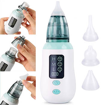 Електронний назальний аспіратор від USB, 3 насадки, Vancocon VA-162 / Дитячий соплевідсмоктувач / Аспіратор для носа