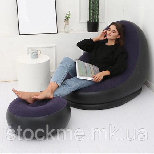 Надувное кресло диван 2в1 с пуфиком для ног A-Sofa до 150 кг Чёрный с ...