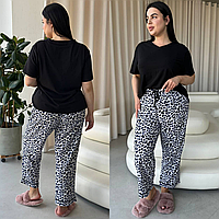 Женская летняя пижама больших размеров Футболка и штаны Домашний костюм Одежда для дома удобный леопард черный