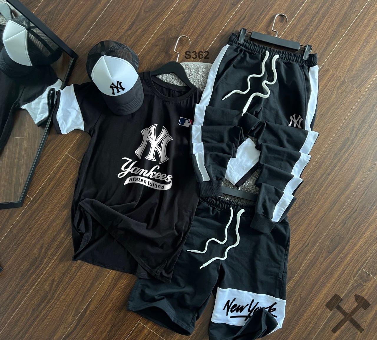 Спортивний костюм чоловічий літній new york yankees штани футболка шорти кепка нью-йорк чорний, фото 1