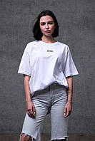 Стильная женская летняя базовая футболка Оversize белая с цветным принтом из 100% хлопка L/XL
