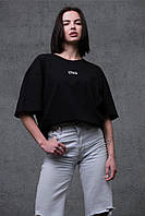 Женская стильная летняя черная футболка с принтом Оversize из 100% хлопка