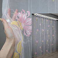 Тюль органза с цветочным принтом с цветочным принтом. Цвет белый с розово-золотистым. Код 1423т