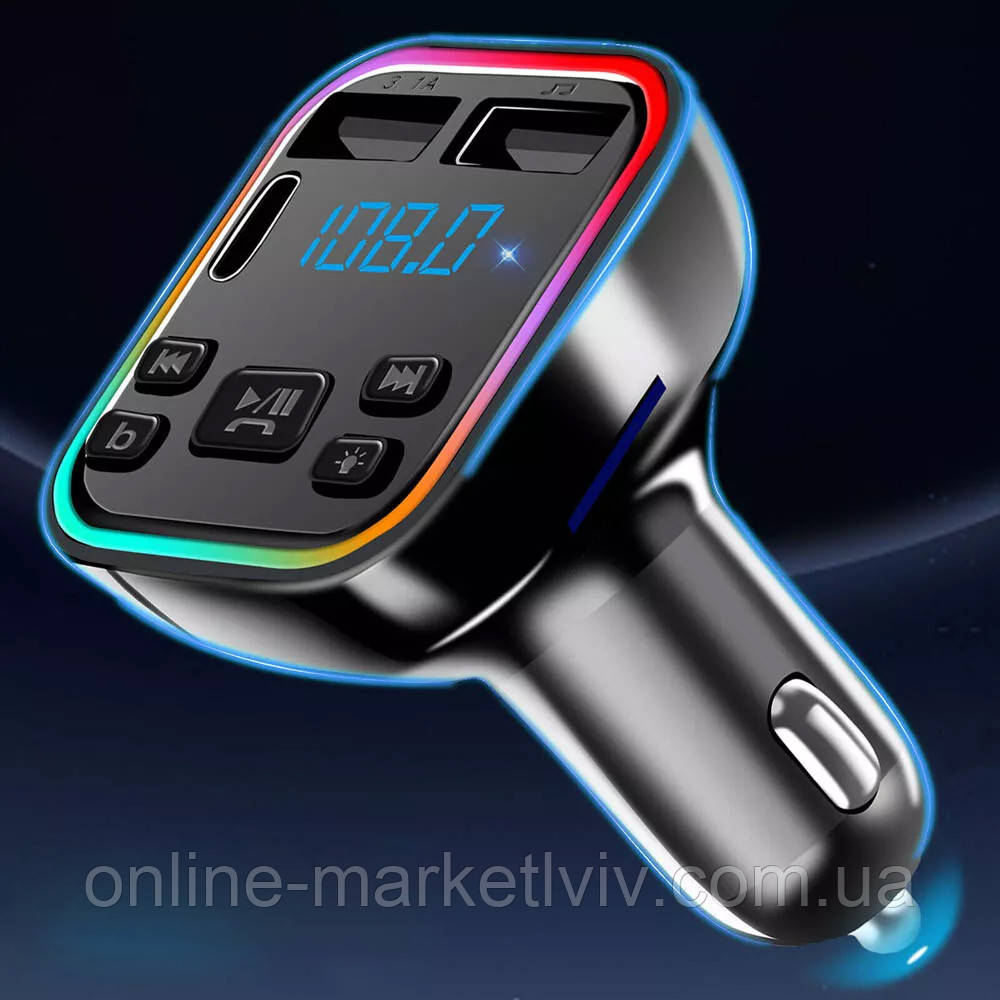 Автомобільний трансмітер з Bluetooth та 2хUSB, Type C, Чорний / ФМ модулятор / FM трансмітер / FM модулятор, фото 1
