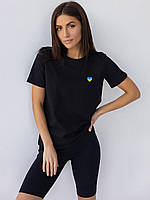 Женская трикотажная футболка черная с патриотической вышивкой сердечко Украина 42-44, 44-46, 46-48