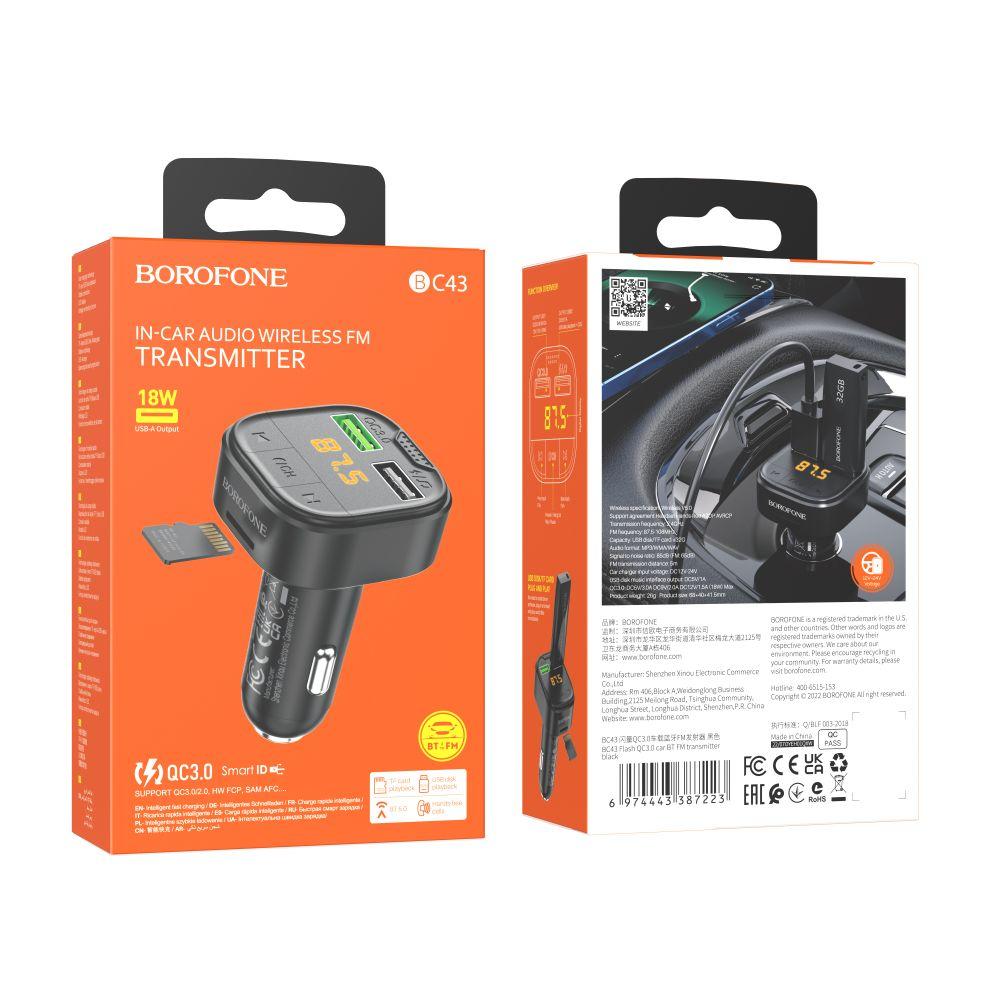 DR Модулятор Borofone BC43 Flash QC3.0 car BT FM transmitter Колір Чорний