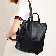 Женский городской кожаный рюкзак, прогулочный черный рюкзачок натуральная кожа