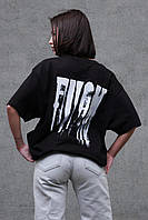 Женская модная черная футболка с принтом на спинке Оversize из 100% хлопка