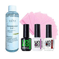 Основи, топи, закріплювачі для нігтів праймер, база, топ UNO, безворсові серветки, знежирювач 3в1 DE