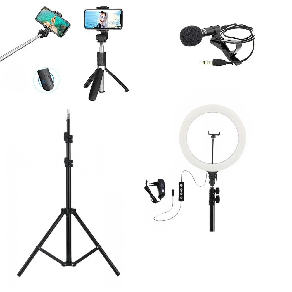 Набір блогера 4в1 Кільцева LED лампа 39 см Штатив Петличний мікрофон Селфи палиця Bluetooth пульт фото відео, фото 1