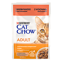 Влажный корм Cat Chow Adult для взрослых кошек с говядиной и баклажанами, нежные кусочки в желе, 85 г