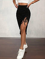 Женская стильная приталенная черная юбка на высокой посадке с разрезом на завязках рубчик размер 42-46