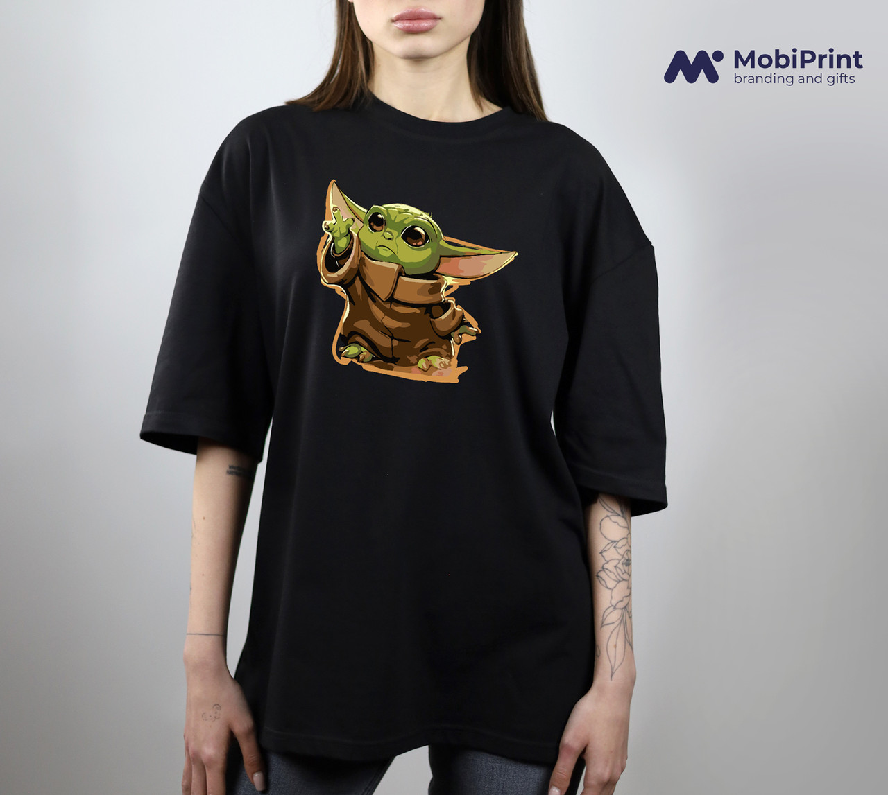 Футболка унісекс оверсайз з принтом Грогу Йода (Grogu Baby Yoda) чорна, фото 1