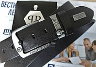 Кожаный мужской ремень Philipp Plein Skull для джинсов черный
