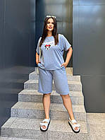 Жіночий стильный прогулочний костюм двойка Шорти-бриджи футболка з накатом батальні розміри 50-52,54-56,58-60 Голубой, 54-56