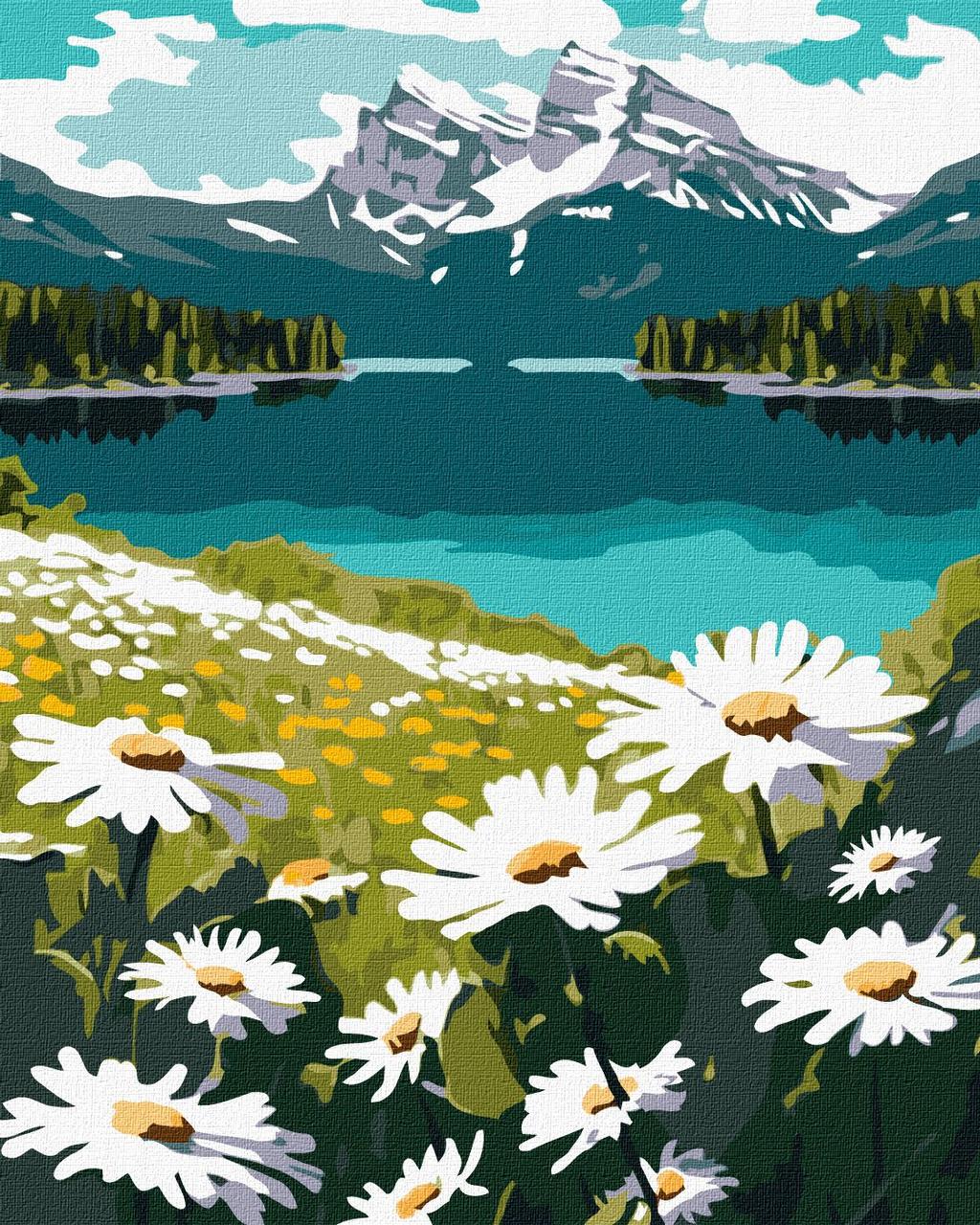 Картина за номерами Пейзаж. Ромашки у горах 40*50 см Ідейка KHO 2895