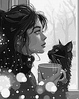 Картина по номерам Девушка с котом. Черно-белая 40*50 см Идейка KHO 8435