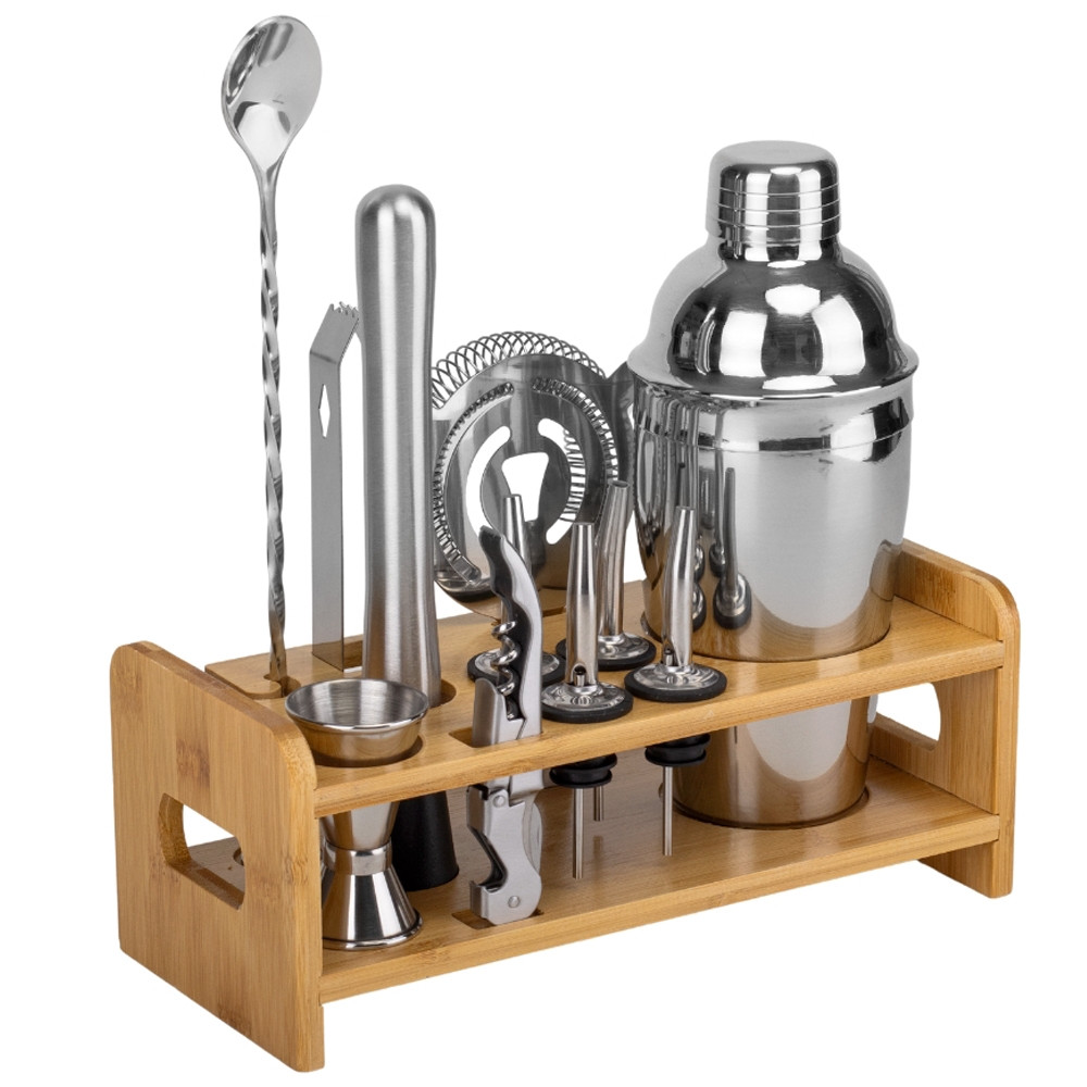 Подарунковий набір з 11 аксесуарів для приготування коктейлів "Коктейльна гармата" на бамбуковій підставці, фото 1