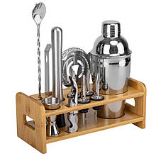 Подарунковий набір з 11 аксесуарів для приготування коктейлів "Коктейльна гармата" на бамбуковій підставці