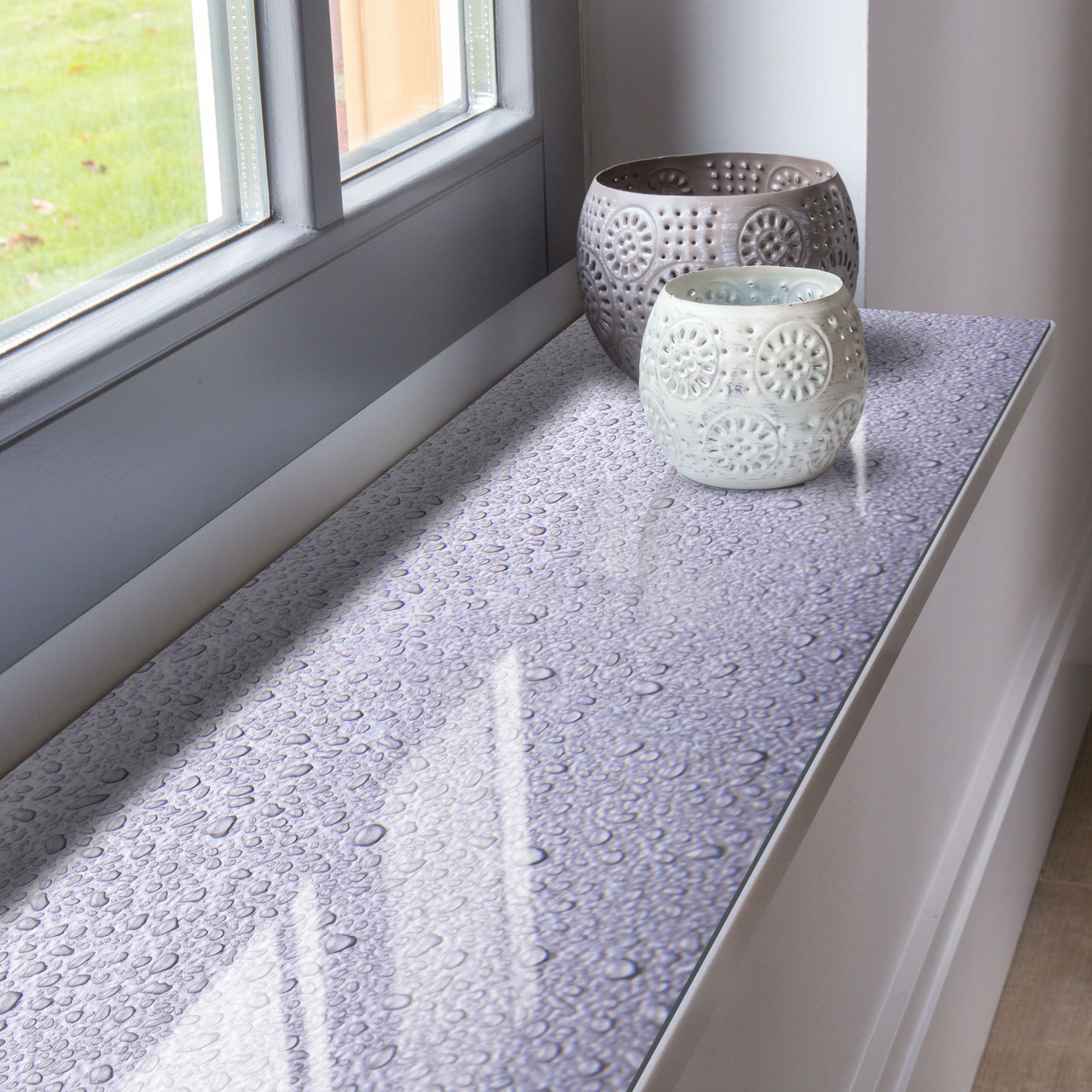 Покриття для підвіконня, м'яке скло з фотодруком краплі води на бузковому фоні 35х100 см ПО-s_tx351