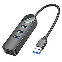Адаптер Borofone DH6 Erudite 4-in-1 Gigabit Ethernet Adapter(USB to USB3.0*3+RJ45)(L=0.2M) Black inc