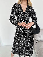 Чёрное легкое женское софтовое платье на запах с разрезом на ноге и длинным рукавом на резинкеЛеопардовыйПринт