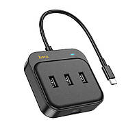 Хаб HOCO HB35 Easy link 4-in-1 100 Mbps Ethernet Adapter(Type-C to USB2.0*3+RJ45)(L=0.2M) Black tal