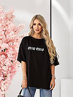Чёрная летняя женская повседневная футболка из коттона в стиле оверсайз с качественным накатом MIU MIU