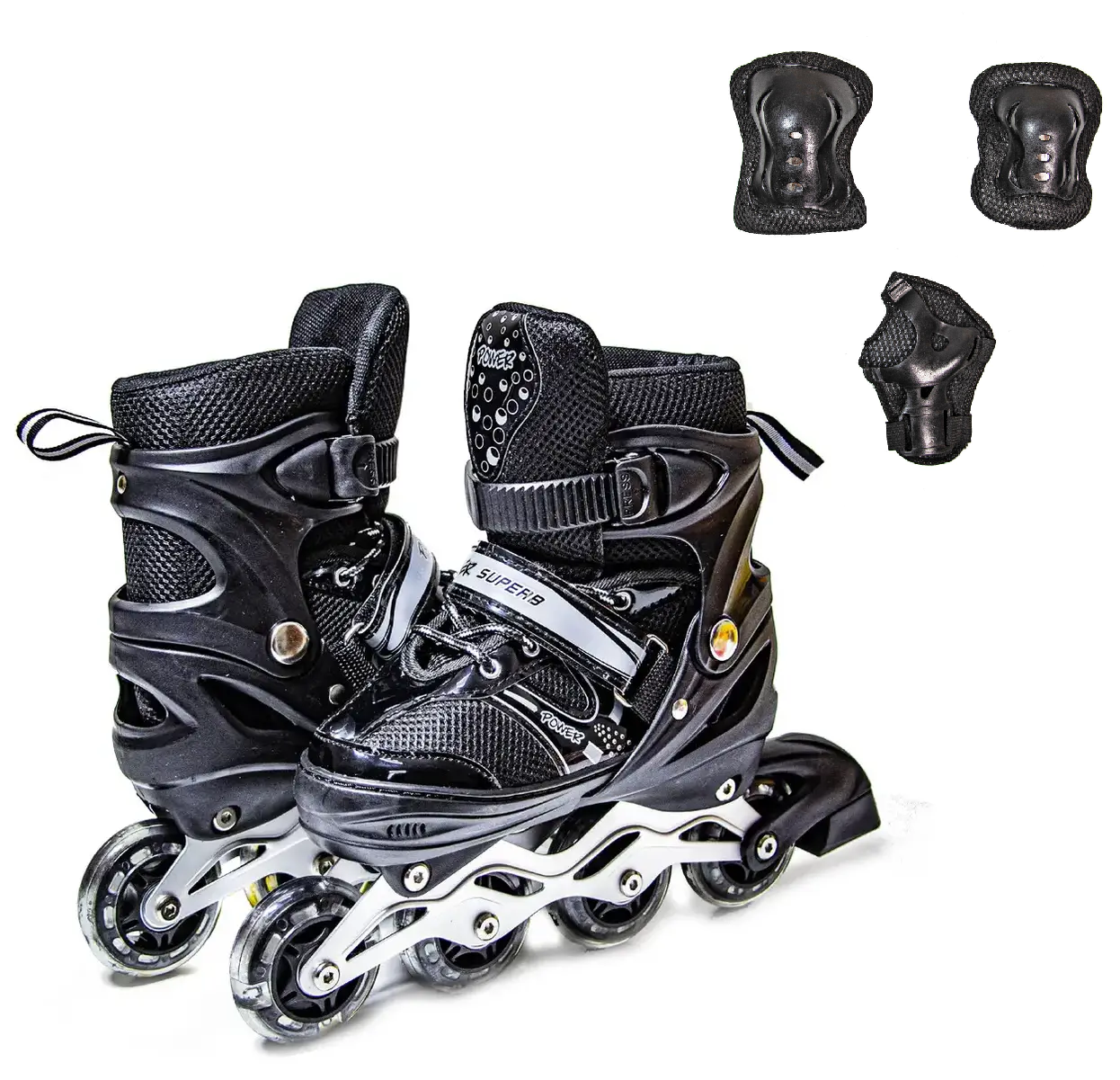 Ролики + наколінники + налокітники + захист на долоні Super Power. Black. Розмір 29-33