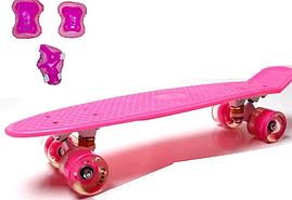 Набір скейтборд Penny Board. PINK + захисне екіпірування. Колеса світяться під час катання!
