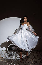 Вечірня жіноча атласна сукня міді з пишною спідницею Sms9094