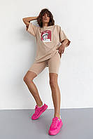 Женский костюм с футболкой oversize и велосипедками - кофейный цвет, L (есть размеры) js