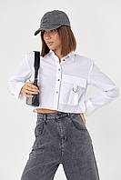 Укороченная женская рубашка с накладным карманом - белый цвет, L (есть размеры) js