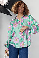 Шовкова блуза на ґудзиках із візерунком у квіти — салатовий колір, S (є розміри)