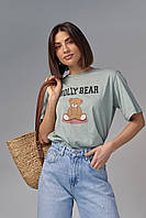 Хлопковая футболка с принтом медвежонка - мятный цвет, S (есть размеры) js