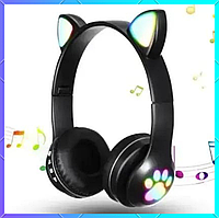 Bluetooth наушники с кошачьими ушками беспроводные с aux Наушники cat ear светящимися ушками черного цвета glb