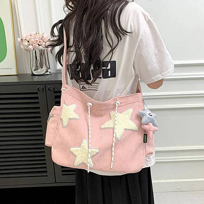 Рожева вельветова сумка через плече із зірками. Повсякденна сумка. Сумка для прогулянок. Молодіжна сумка.