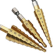 Конусні свердла 3-20 мм, 3 шт. набір в чохлі. Ступінчасті свердла (HSS) з титановим покриттям