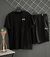 Летний мужской костюм Under Armour черный футболка и шорты, Черный спорт комплект Андер Армор на лето двойка