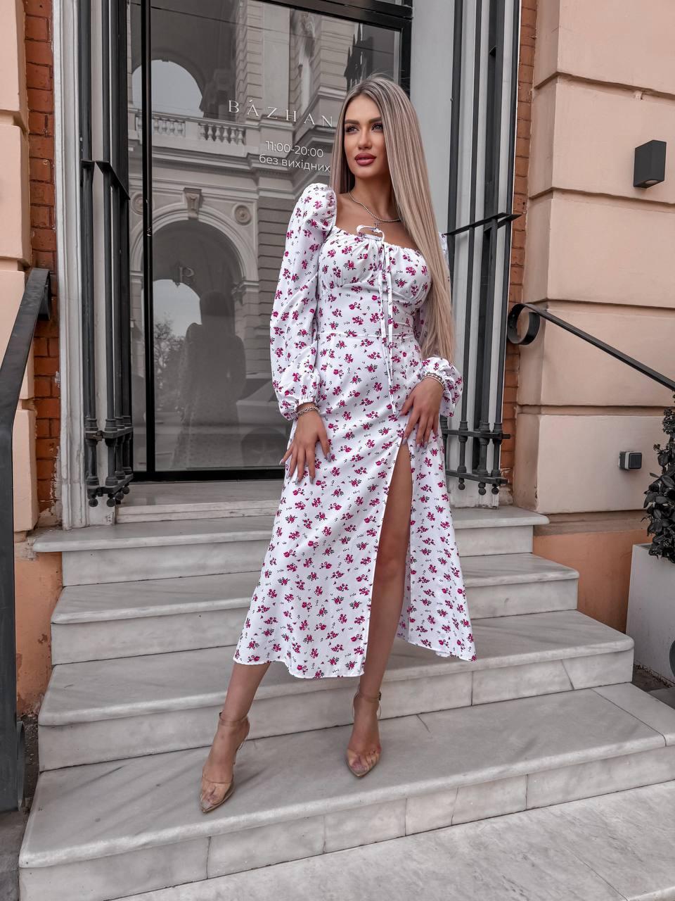 Сукня жіноча у квітковий принт із софту з розрізом на ножці (Норма), фото 1