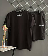 Мужской летний костюм Palm Angels черный шорты и футболка, Черный спорт комплект Палм Ангелс на лето двойка