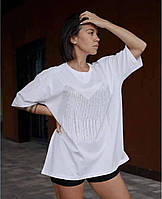 Базовая универсальная модная брендовая женская Футболка свободного кроя оверсайз под всё со стразами и камням Белый, S