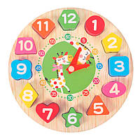 Дерев'яна іграшка Годинник MD 1894 цифри-рамка-вкладиш, шнурівка (Жираф) js