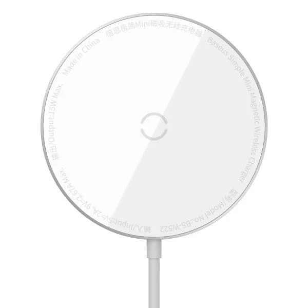 Бездротовий зарядний пристрій Baseus Simple Mini Magnetic Wireless Charger с технологією Qi 15W (WXJK-F02) White