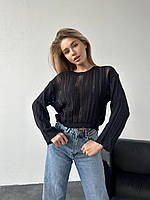 Базовый женский однотонный свитер кофта с прозрачными вставками вязанная Черный