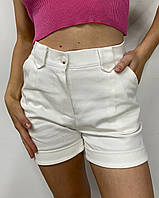 Шорти джинсові білі жіночі з двома кишенями, резинкою ззаду, високою посадкою, на змійці та гудзику, S